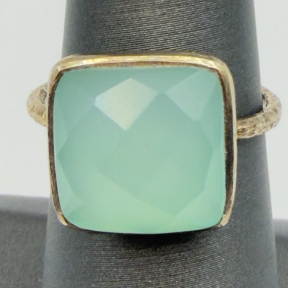 Vintage Aqua Chalcedony Ring Sterling Silver 925 Gold Vermeil Cushion Size 7